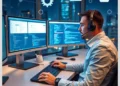 Support engineer at a multi-monitor workstation providing 24/7 WordPress Maintenance and Support Services UK while monitoring dashboards and code.