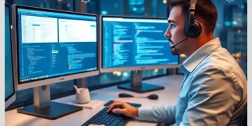 Support engineer at a multi-monitor workstation providing 24/7 WordPress Maintenance and Support Services UK while monitoring dashboards and code.