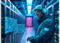 Data center technician in a server room monitoring floating performance dashboards illustrating How to Set Up Advanced WordPress Caching for High-Traffic Sites.