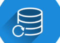 Ultimate website backup service: Protect your site with ease! 12 White stacked database cylinder with a circular restore arrow on a blue round background representing Ultimate website backup service: Protect your site with ease!
