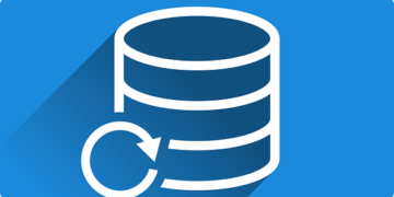 White stacked database cylinder with a circular restore arrow on a blue round background representing Ultimate website backup service: Protect your site with ease!