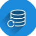 White stacked database cylinder with a circular restore arrow on a blue round background representing Ultimate website backup service: Protect your site with ease!