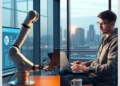 A robotic arm at a desk and a developer with a laptop in an office illustrate Automatic vs Manual WordPress Updates: Which is Better?