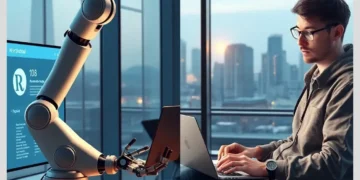 A robotic arm at a desk and a developer with a laptop in an office illustrate Automatic vs Manual WordPress Updates: Which is Better?