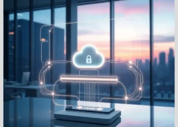 Holographic cloud with lock projected above a device illustrating How to Backup Your WordPress Site Automatically.