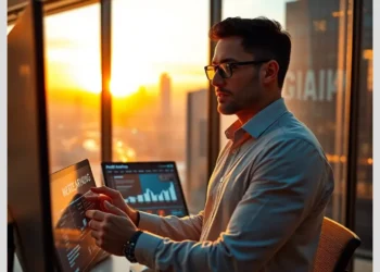 Professional analyzing interactive data dashboards in a high-rise office at sunset highlighting Best Niches for Promoting ModularDS in 2025.