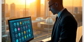 Top Backup Plugins for WordPress (2025 Review) 10 Business professional reviewing a plugin dashboard on a monitor for Top Backup Plugins for WordPress (2025 Review).