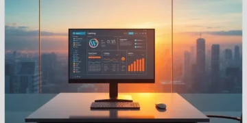 Monitor displaying a WordPress analytics dashboard and charts illustrating Best Caching Plugins for WordPress Performance in a sunlit office.