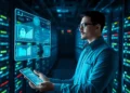 IT specialist in a server room holding a tablet and viewing holographic security dashboards highlighting Top Security Plugins for WordPress in 2025
