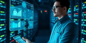 IT specialist in a server room holding a tablet and viewing holographic security dashboards highlighting Top Security Plugins for WordPress in 2025