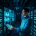IT specialist in a server room holding a tablet and viewing holographic security dashboards highlighting Top Security Plugins for WordPress in 2025