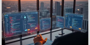 A developer at a laptop using a holographic multi-window interface demonstrating Bulk Content Editing Across Multiple WordPress Sites with ModularDS with a city sunset in the background.