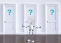 A lightbulb-headed robot stands before three white doors marked with question marks, inviting viewers to Unlock the Secrets of Website Maintenance Package Pricing Today!