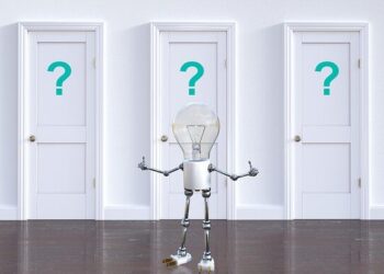 A lightbulb-headed robot stands before three white doors marked with question marks, inviting viewers to Unlock the Secrets of Website Maintenance Package Pricing Today!