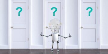 A lightbulb-headed robot stands before three white doors marked with question marks, inviting viewers to Unlock the Secrets of Website Maintenance Package Pricing Today!