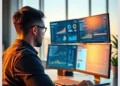 Professional reviewing multi‑monitor analytics dashboards while Creating a Centralized WordPress SEO Audit Process for Client Websites.