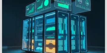 Neon-lit server rack with floating analytics panels showing performance graphs, illustrating Optimizing WordPress for Google Core Web Vitals Using ModularDS.