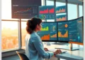 A data analyst at a desk reviewing multiple monitor dashboards filled with colorful charts and metrics illustrating How to Create Unified WordPress Analytics Reports Across Multiple Client Sites.