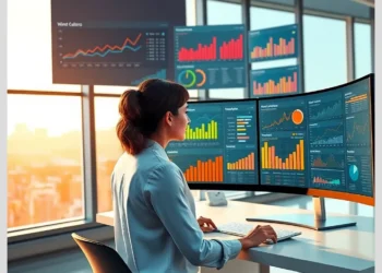 A data analyst at a desk reviewing multiple monitor dashboards filled with colorful charts and metrics illustrating How to Create Unified WordPress Analytics Reports Across Multiple Client Sites.