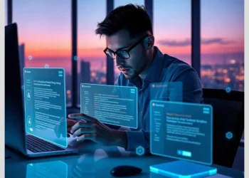 A focused developer studies holographic diagnostic panels over a laptop, illustrating How ModularDS Detects WordPress Plugin Conflicts Before They Cause Problems.