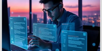 A focused developer studies holographic diagnostic panels over a laptop, illustrating How ModularDS Detects WordPress Plugin Conflicts Before They Cause Problems.