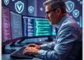 A developer at multiple monitors reviewing code and security shield icons illustrating How to Fix the 5 Most Common WordPress Security Vulnerabilities in 2025.