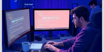 Developer at a dual-monitor desk late at night troubleshooting How to Fix the White Screen of Death Across Multiple WordPress Sites with code and diagnostics visible.