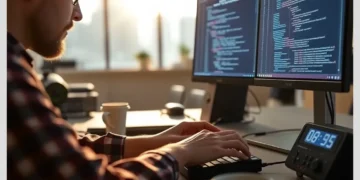 Developer typing code at a dual-monitor desk with coffee and a clock, illustrating Guide to Fixing WordPress Canonicalization Issues Across Multiple Sites.