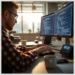 Developer typing code at a dual-monitor desk with coffee and a clock, illustrating Guide to Fixing WordPress Canonicalization Issues Across Multiple Sites.