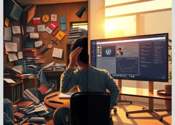 Top Free vs Paid WordPress Maintenance Plan Comparison (UK Edition) split image showing a cluttered, paper-strewn desk contrasted with a tidy modern workspace displaying a WordPress dashboard on a large monitor.