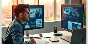 A focused professional at a modern desk working on dual monitors and laptop while Creating High-Converting ModularDS Review Content for WordPress Professionals.