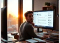 A developer at a desk viewing a WordPress admin dashboard on a monitor while pondering How Often Should You Update WordPress Sites?