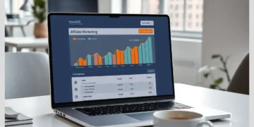 Laptop displaying an affiliate marketing growth chart and analytics dashboard illustrating Content Strategies to Boost ModularDS Affiliate Sales.