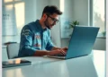A focused SEO specialist working on a laptop illustrating ModularDS Features That Help Maintain WordPress SEO During Site Updates.