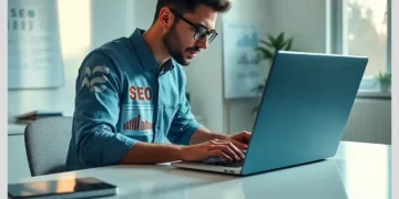 A focused SEO specialist working on a laptop illustrating ModularDS Features That Help Maintain WordPress SEO During Site Updates.