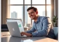 Smiling professional in a modern office reviewing dashboard growth charts on a laptop, Case Study: How I Made $5000 Monthly as a ModularDS Affiliate.