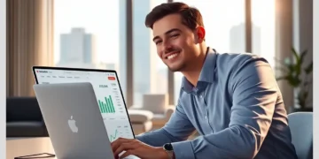 Smiling professional in a modern office reviewing dashboard growth charts on a laptop, Case Study: How I Made $5000 Monthly as a ModularDS Affiliate.