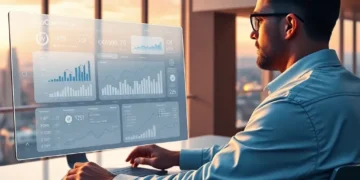 Person analyzing sales charts and performance metrics on a transparent desktop display illustrating a Guide to Managing Multiple WooCommerce Stores from One Dashboard.