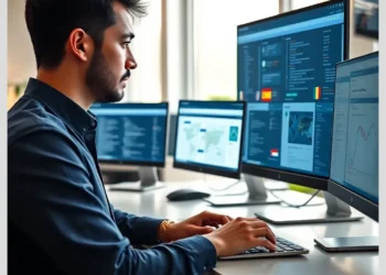 Developer at a multi-monitor workstation reviewing dashboards while Managing WordPress Multilingual Content Across Multiple Sites.