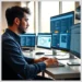 Developer at a multi-monitor workstation reviewing dashboards while Managing WordPress Multilingual Content Across Multiple Sites.