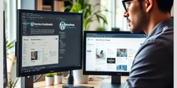 A developer at a dual-monitor desk inspecting WordPress dashboards as part of a Guide to Managing WordPress Updates Across Multiple Client Sites.