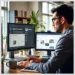 A developer at a dual-monitor desk inspecting WordPress dashboards as part of a Guide to Managing WordPress Updates Across Multiple Client Sites.