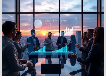 Business team around a conference table examining a holographic dashboard of charts and metrics illustrating How to Earn Money Promoting ModularDS as an Affiliate.