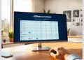 Monitor displaying a commission comparison table labeled ModularDS Affiliate Program vs Other WordPress Tool Programs: Commission Comparison while a hand uses a mouse in a modern office.