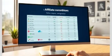 Monitor displaying a commission comparison table labeled ModularDS Affiliate Program vs Other WordPress Tool Programs: Commission Comparison while a hand uses a mouse in a modern office.