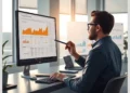 A professional analyst at a modern desk points to an orange analytics dashboard on a desktop monitor while working on a laptop, illustrating ModularDS Analytics Integration: Comparing Google Analytics 4 vs. Matomo.