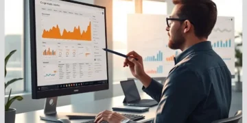 A professional analyst at a modern desk points to an orange analytics dashboard on a desktop monitor while working on a laptop, illustrating ModularDS Analytics Integration: Comparing Google Analytics 4 vs. Matomo.