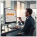 A professional analyst at a modern desk points to an orange analytics dashboard on a desktop monitor while working on a laptop, illustrating ModularDS Analytics Integration: Comparing Google Analytics 4 vs. Matomo.