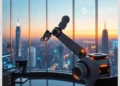 A robotic arm in a high-rise office with a holographic WordPress interface illustrating How ModularDS Automates 95% of WordPress Maintenance Tasks.