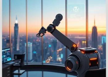 A robotic arm in a high-rise office with a holographic WordPress interface illustrating How ModularDS Automates 95% of WordPress Maintenance Tasks.